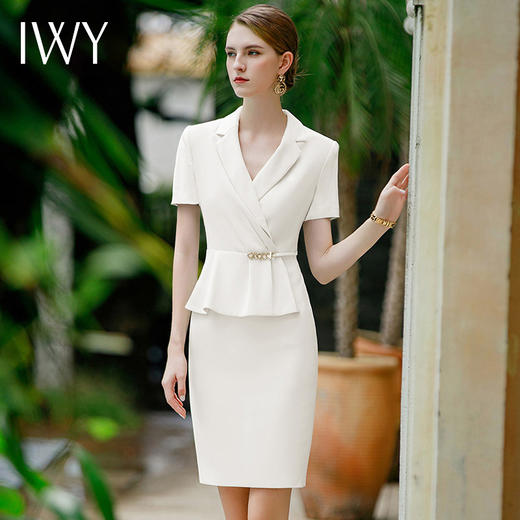IWY/高端白色连衣裙夏短袖名媛工装主持人正装美容院工作服职业装Q944 商品图2