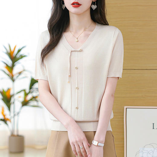 中式天丝针织衫V领冰丝短袖t恤CC-5001 商品图0