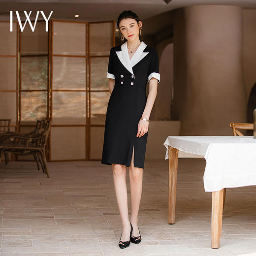 IWY/高级感设计款黑色短袖西装连衣裙收腰显瘦大翻领商务接待工装Q957 商品图1
