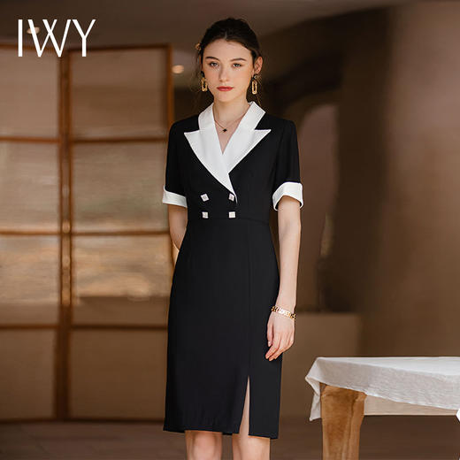 IWY/高级感设计款黑色短袖西装连衣裙收腰显瘦大翻领商务接待工装Q957 商品图0