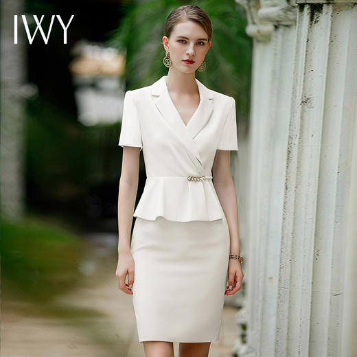 IWY/高端白色连衣裙夏短袖名媛工装主持人正装美容院工作服职业装Q944 商品图1