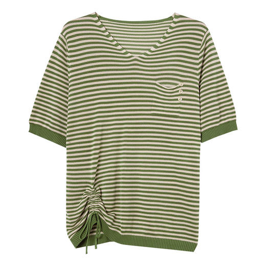 CC-10-5321夏季新款V领条纹天丝针织衫女宽松大码套头短袖T恤女小衫上衣 商品图4