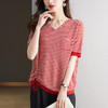 CC-10-5321夏季新款V领条纹天丝针织衫女宽松大码套头短袖T恤女小衫上衣 商品缩略图3