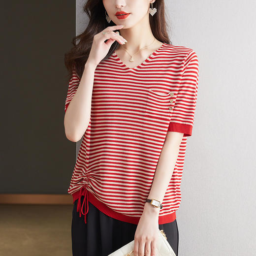 CC-10-5321夏季新款V领条纹天丝针织衫女宽松大码套头短袖T恤女小衫上衣 商品图3