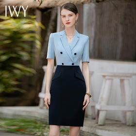 IWY/西装连衣裙女夏季通勤短袖拼接ol气质商务工装美容院售楼部裙Q943