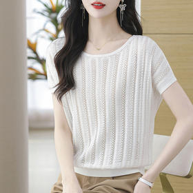 CC-YF-9347天丝短袖t恤女2024新款洋气镂空针织短袖薄款蝙蝠袖上衣潮