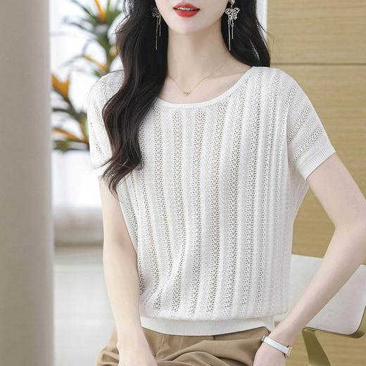 CC-YF-9347天丝短袖t恤女2024新款洋气镂空针织短袖薄款蝙蝠袖上衣潮 商品图0