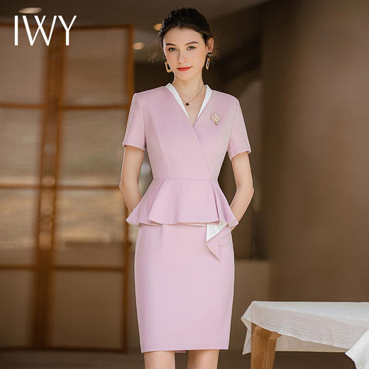 IWY/夏款气质假两件修身西装连衣裙女粉紫色高级感空姐工作服正装Q718 商品图0