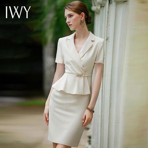 IWY/杏色短袖职业西装连衣裙女假两件薄修身显瘦美容院气质工作服Q944 商品图3