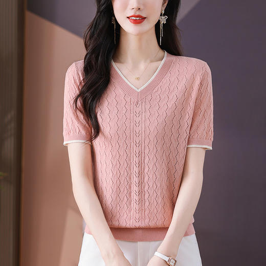 CC-QQH-779    V领冰丝短袖t恤女2024新款夏装镂空针织衫上衣薄款 商品图0