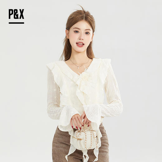 P&X设计师女装秋季短款甜美镂空荷叶边小衫设计感 824328096 杏色 商品图2