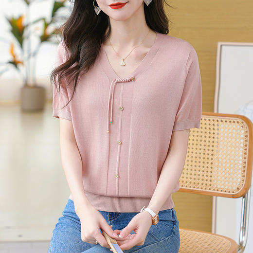 中式天丝针织衫V领冰丝短袖t恤CC-5001 商品图2