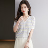 CC-JY-1156夏季V领冰丝短袖t恤女2024新款洋气薄款条纹拼色针织体恤遮肉上衣 商品缩略图1