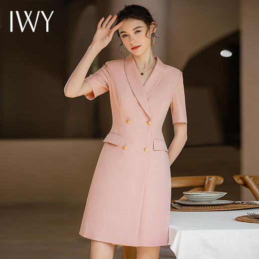 IWY/短袖粉色高级感连衣裙职业主持人面试录课正装气质收腰西装裙Q920 商品图4