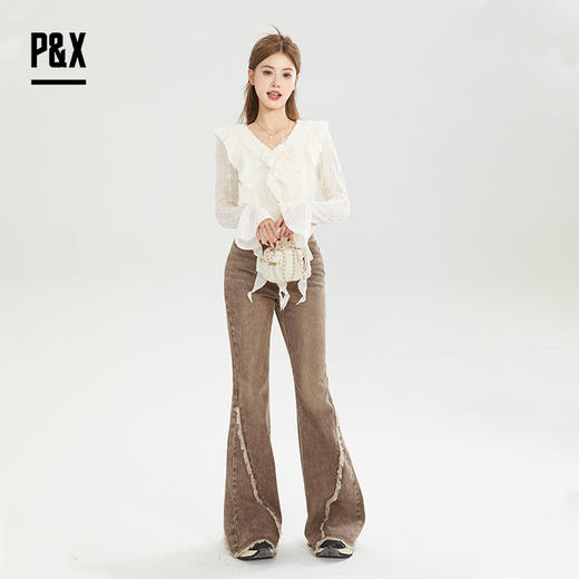 P&X设计师女装秋季短款甜美镂空荷叶边小衫设计感 824328096 杏色 商品图1