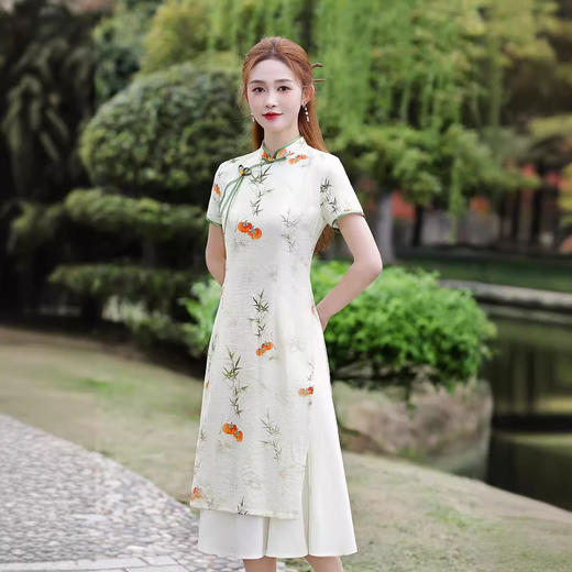 新中式改良棉麻奥黛旗袍，柿柿如意清新淡雅QMR 商品图0