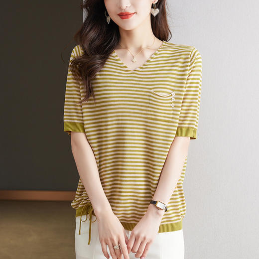 CC-10-5321夏季新款V领条纹天丝针织衫女宽松大码套头短袖T恤女小衫上衣 商品图1