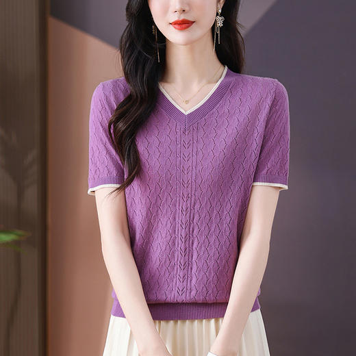 CC-QQH-779    V领冰丝短袖t恤女2024新款夏装镂空针织衫上衣薄款 商品图3