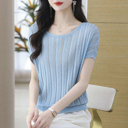 CC-YF-9347天丝短袖t恤女2024新款洋气镂空针织短袖薄款蝙蝠袖上衣潮 商品图2