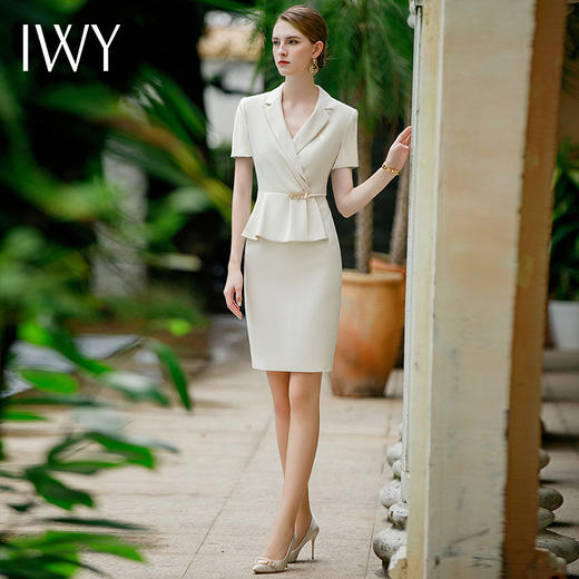 IWY/杏色短袖职业西装连衣裙女假两件薄修身显瘦美容院气质工作服Q944 商品图4