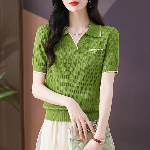 CC-QQH-9112短袖女t恤夏2024新款洋气时尚薄款针织衫polo领冰丝上衣 商品图1