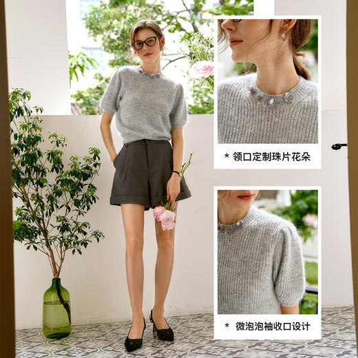 OLrain欧芮儿法式灰色短袖针织衫女早秋2024新款马海毛灯笼袖上衣 商品图2