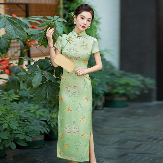 WX-春季新款真丝提花旗袍中式桑蚕丝连衣裙手工缝制宴席日常 商品图2