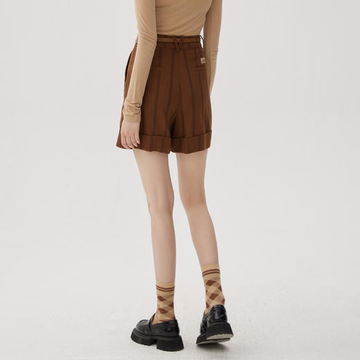 谜底棕色条纹短裤女2024秋新品通勤风百搭直筒棉麻裤子243MK1209 商品图2