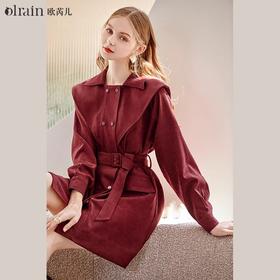 
OLrain欧芮儿红色风衣领连衣裙2024早秋新款收腰气质灯芯绒裙子