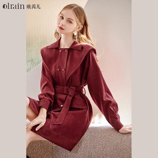 
OLrain欧芮儿红色风衣领连衣裙2024早秋新款收腰气质灯芯绒裙子 商品图0