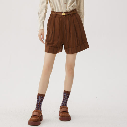 谜底棕色条纹短裤女2024秋新品通勤风百搭直筒棉麻裤子243MK1209 商品图0
