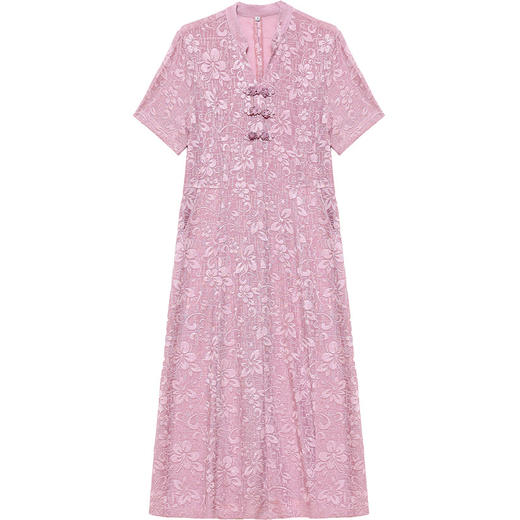 QYMLRX-131337 -Y V领印花短袖连衣裙2024年新款夏季季中长款复古盘扣中式国风裙 商品图4