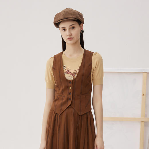 谜底套头针织衫短袖女2024秋新品复古文艺绣花短款上衣243MZ1251 商品图0