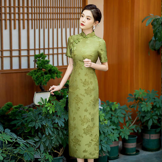 WX-新款真丝旗袍提花高档修身气质中长款桑蚕丝连衣裙宴席日常 商品图2