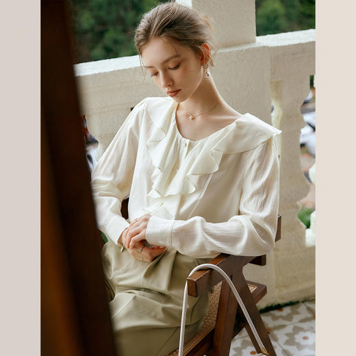 
OLrain欧芮儿法式杏色衬衫女早秋2024新款气质通勤优雅荷叶领衬衣 商品图1