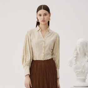 谜底宫廷风衬衫长袖女2024秋新品优雅V领灯笼袖修身衬衣243MC1042