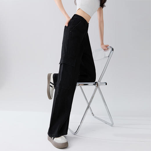 经典百搭日常通勤牛仔裤女中高腰大口袋工装裤直筒裤V3142150 商品图3