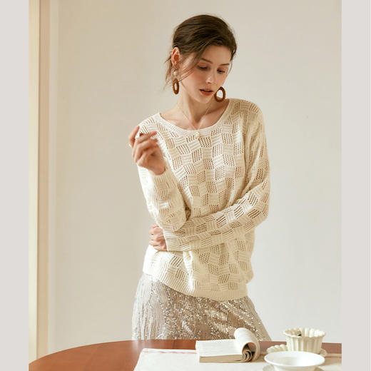 
OLrain欧芮儿法式慵懒针织衫女早秋2024新款宽松镂空薄款套头上衣 商品图3