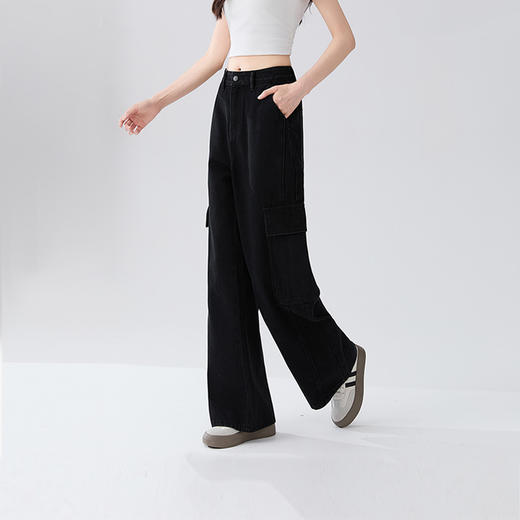 经典百搭日常通勤牛仔裤女中高腰大口袋工装裤直筒裤V3142150 商品图0