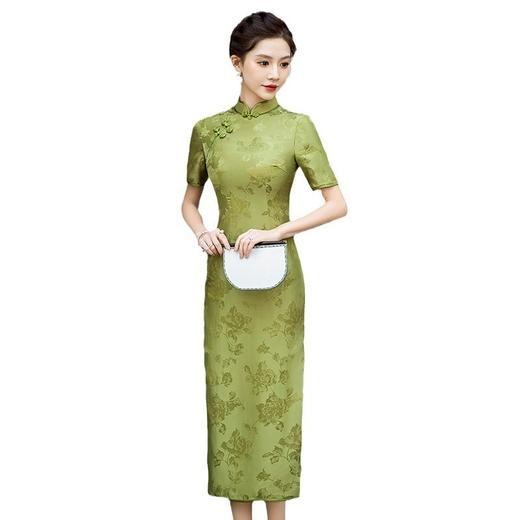 WX-新款真丝旗袍提花高档修身气质中长款桑蚕丝连衣裙宴席日常 商品图4