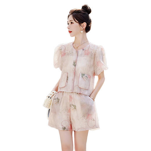 2024夏新款法式温柔小个子小香风短裤泡泡袖上衣两件套HR-HMG2869 商品图4