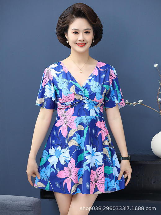 泳衣女士妈妈款加肥大码中年分体保守印花遮肚显瘦游泳衣 商品图2