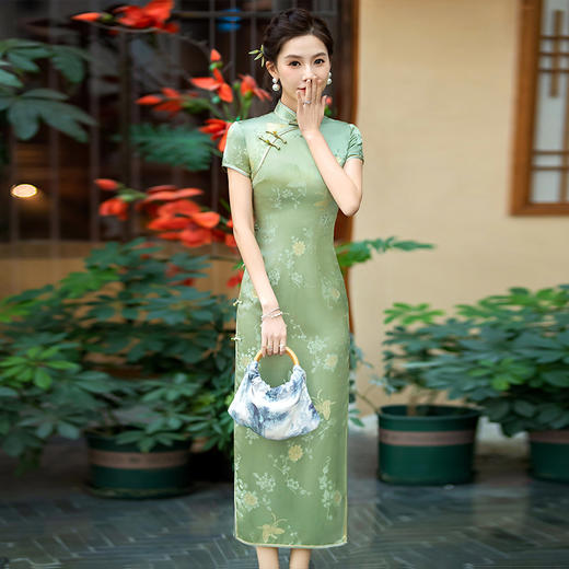 WX-春季新款提花真丝旗袍中式桑蚕丝金丝高端手工缝制宴席 商品图3