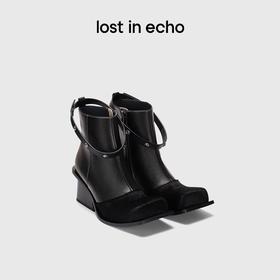 lost in echo设计师品牌小众设计感环带翘方头粗跟百搭短靴踝靴女