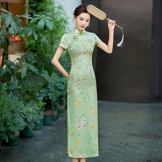 WX-春季新款真丝提花旗袍中式桑蚕丝连衣裙手工缝制宴席日常 商品图1