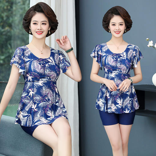 泳衣女士加肥加大中老年妈妈款五分裤分体裙式保守泡温泉泳装 商品图2