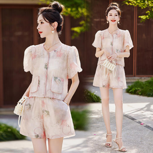 2024夏新款法式温柔小个子小香风短裤泡泡袖上衣两件套HR-HMG2869 商品图2