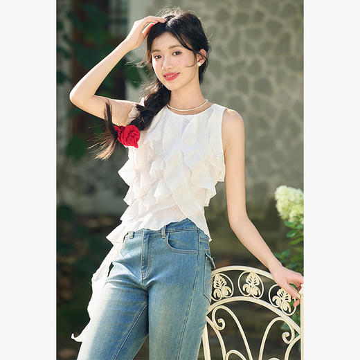 西遇荷叶边无袖上衣女秋季新款法式独特小衫流苏雪纺白色衬衫D3141984 商品图0
