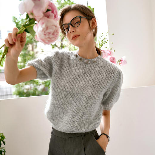 OLrain欧芮儿法式灰色短袖针织衫女早秋2024新款马海毛灯笼袖上衣 商品图1