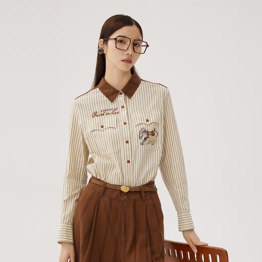 谜底纯棉衬衫长袖女士2024秋季新品复古风拼接绣花衬衣243MC1075 商品图0